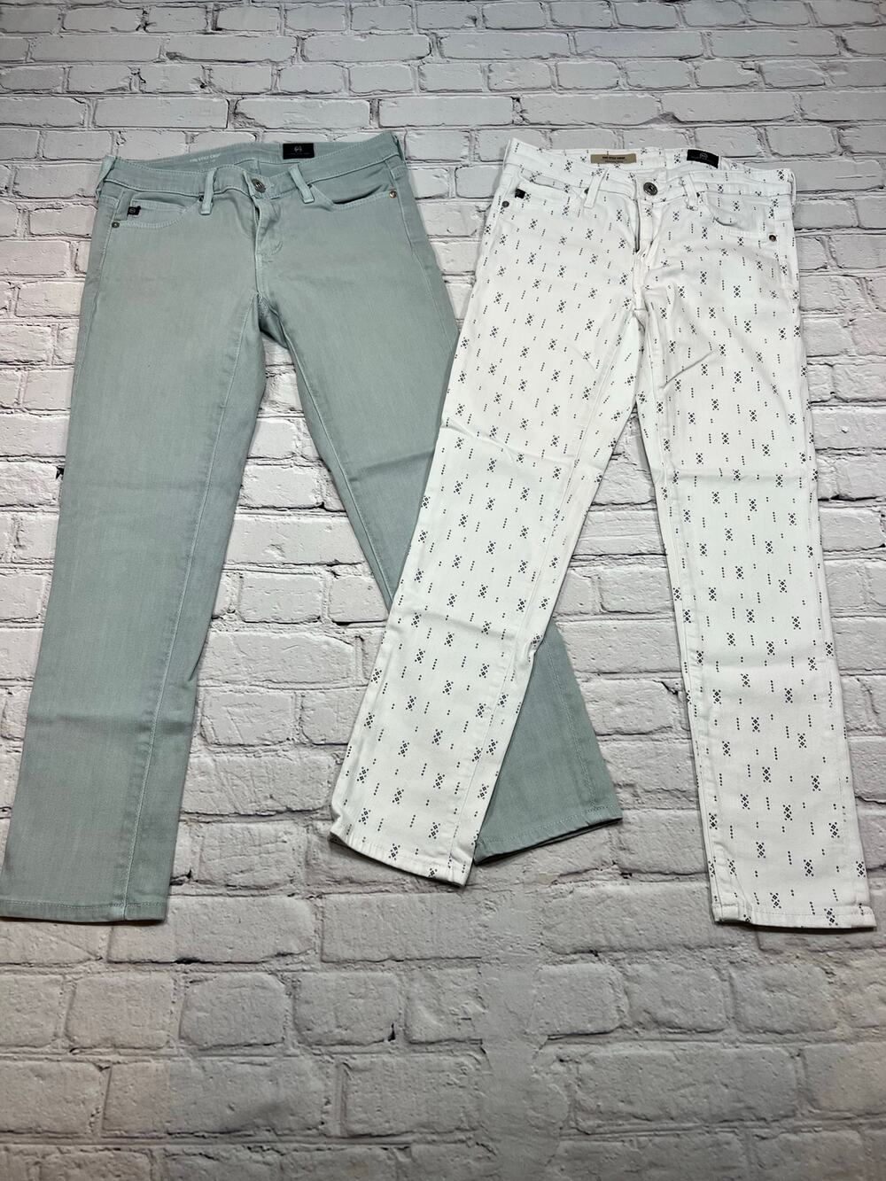 TWO PAIRS AG The Stilt Cigarette Crop Pale Blue & white Print Jeans Sz 24 J2408